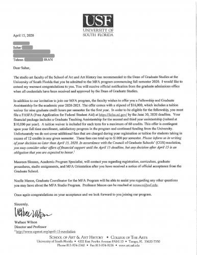 63.Admission.2020.UniversityOfSouthFlorida.Master.StudioArt.Sahar1