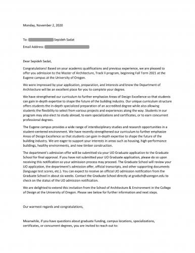64.Admission.2020.UniversityOfOregon.Master.Architecture.Sepideh1