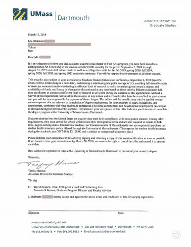 78.Admission.2018.UniversityOfMassachusettsDartmouth.Master.FineArts.Shabnam2