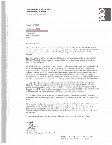 85.Admission.2017.TheUniversityOfTheArtsPhiladelphia.Master.ProductDesign.Niloofarsadat1